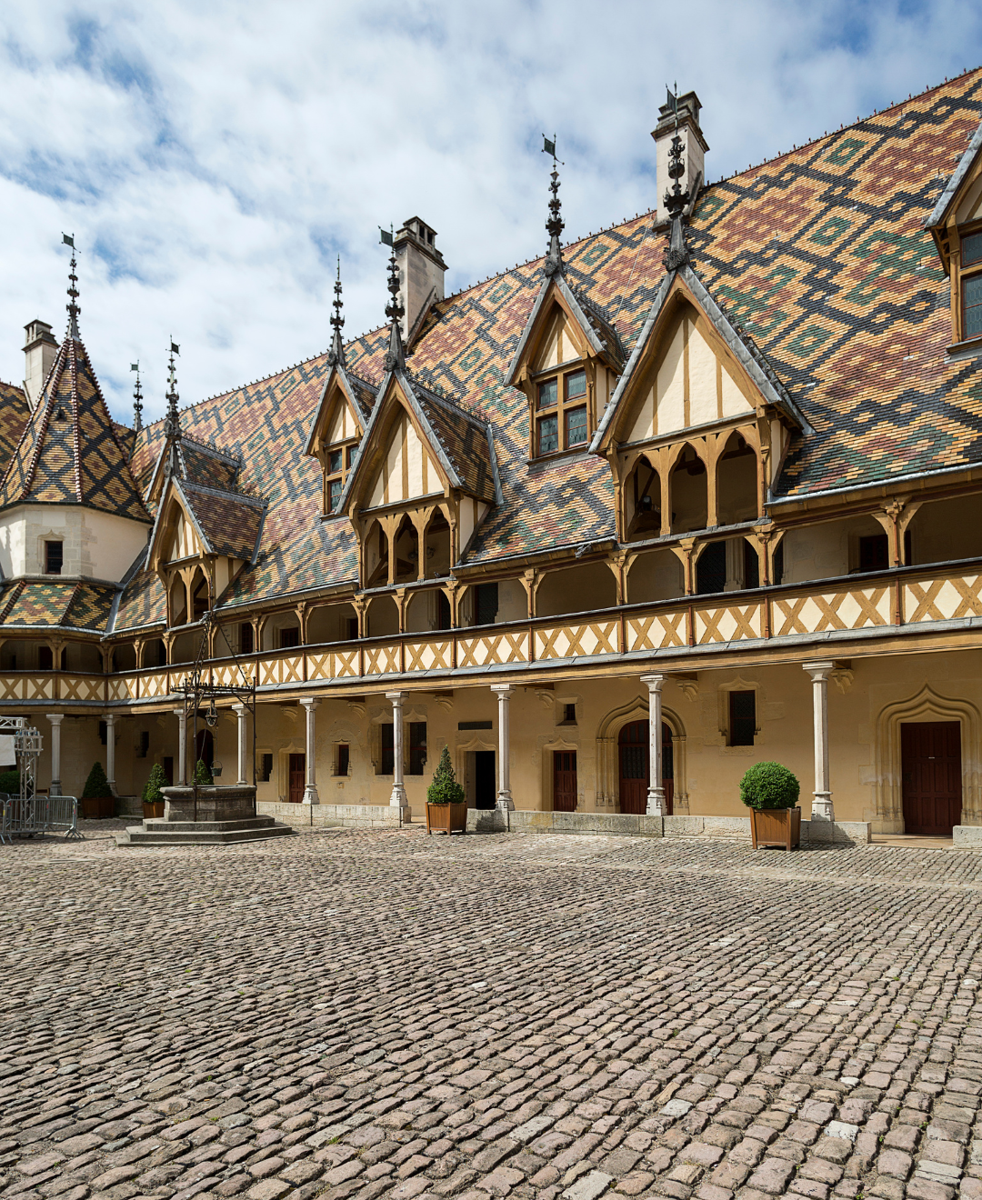 Photo des Hospices de Beaune, montrant la façade historique et les toits colorés du bâtiment