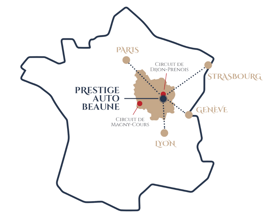 Carte de France montrant les itinéraires pour accéder au salon automobile depuis Paris, Strasbourg, Genève et Lyon.